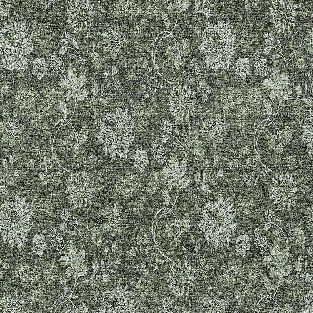 5' X 8' Olive Green And Artichoke Green Floral Washable Indoor Outdoor Area Rug