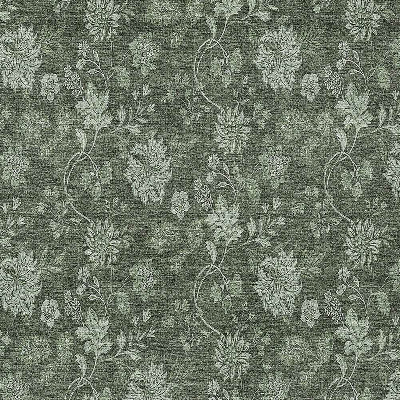 5' X 8' Olive Green And Artichoke Green Floral Washable Indoor Outdoor Area Rug