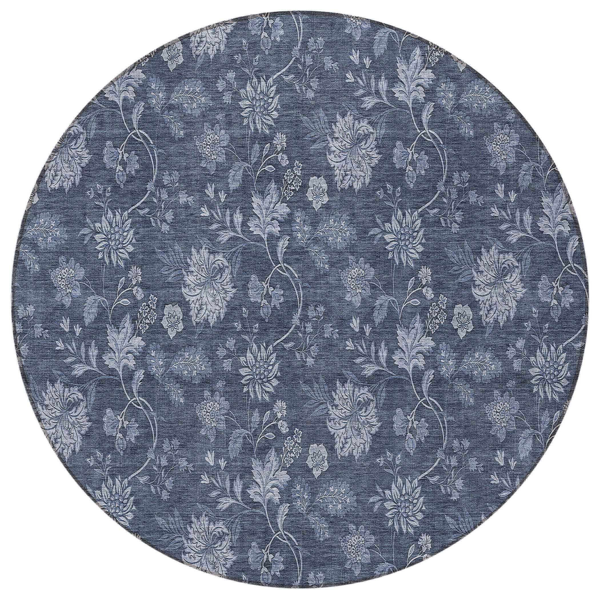 8' Denim Blue And Navy Blue Round Floral Washable Indoor Outdoor Area Rug