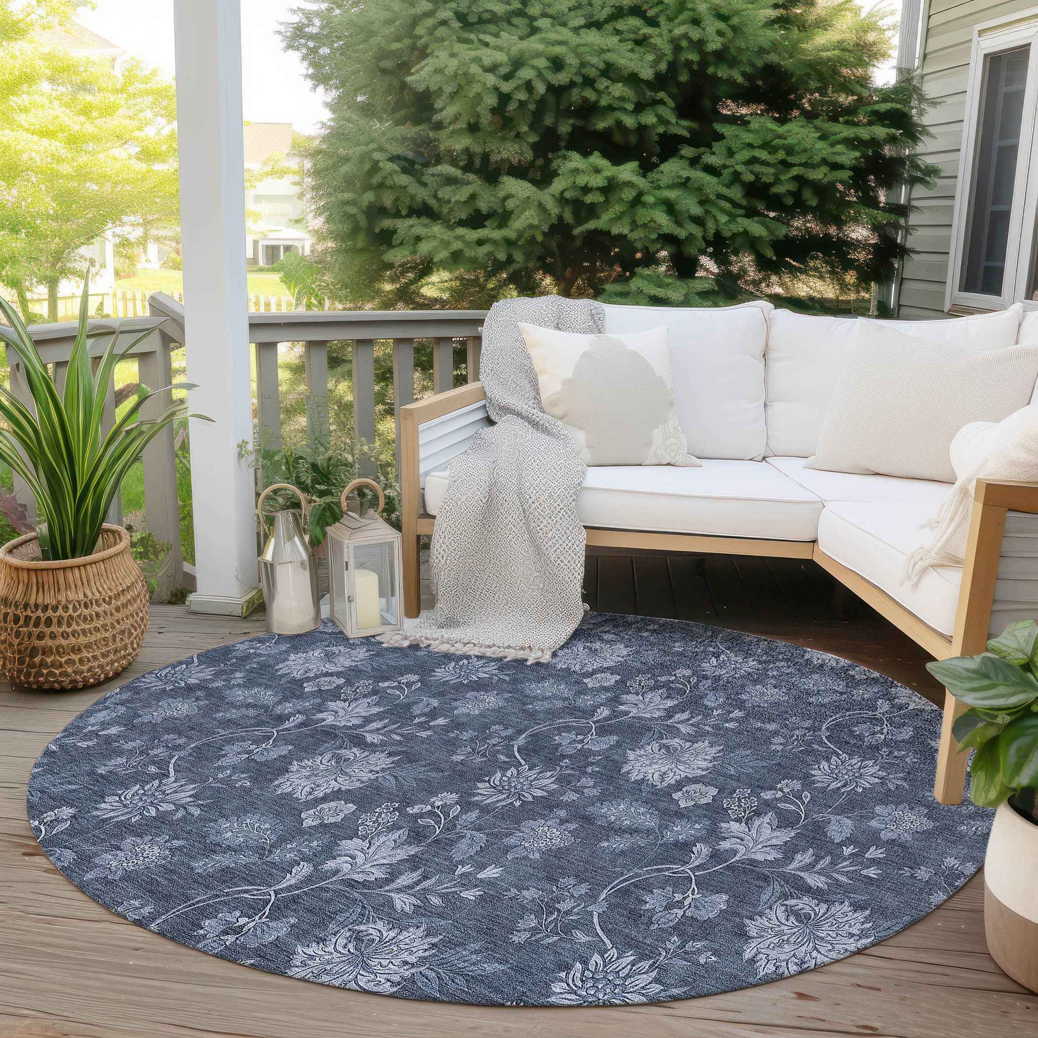 8' Denim Blue And Navy Blue Round Floral Washable Indoor Outdoor Area Rug