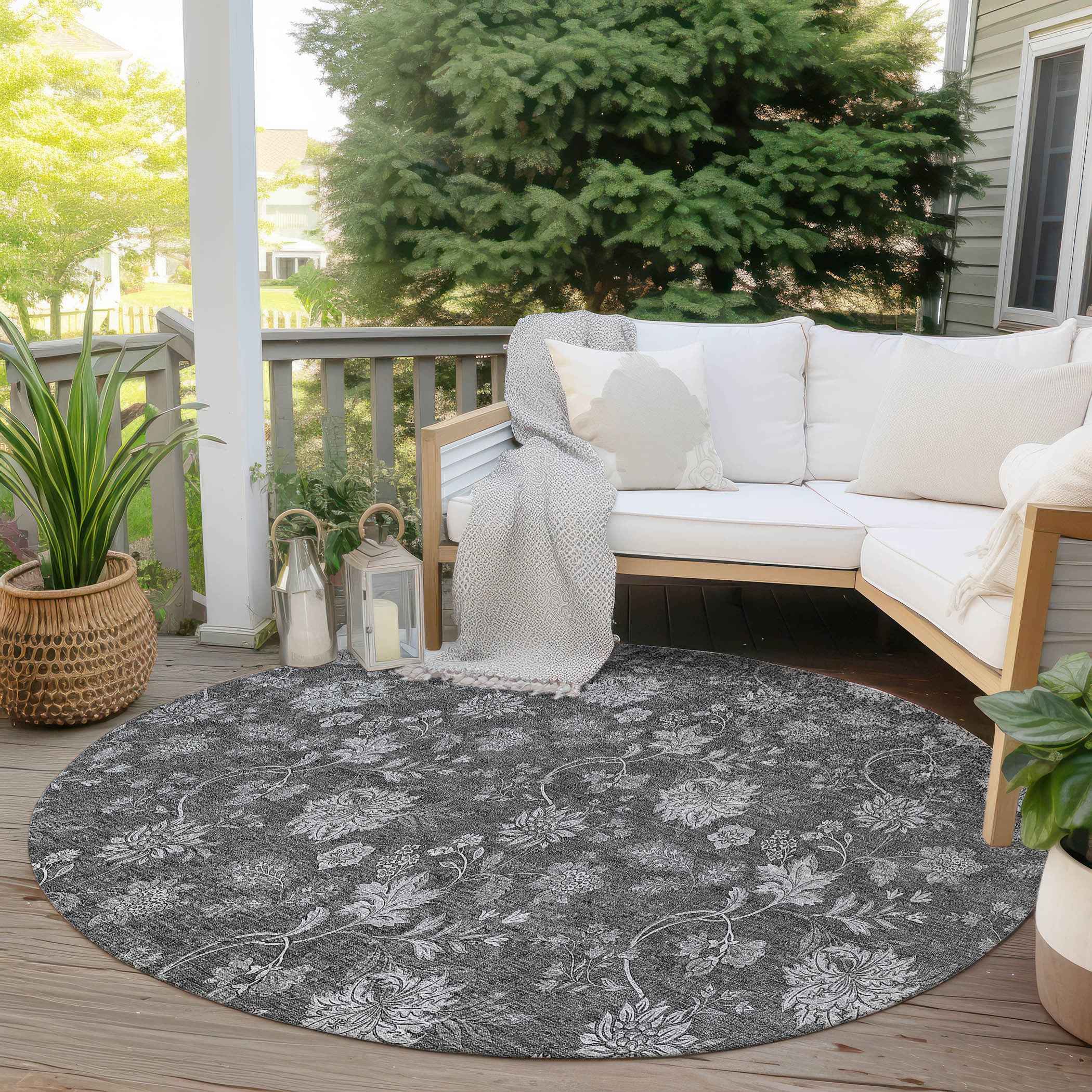 8' Gray Charcoal And Silver Round Floral Washable Indoor Outdoor Area Rug