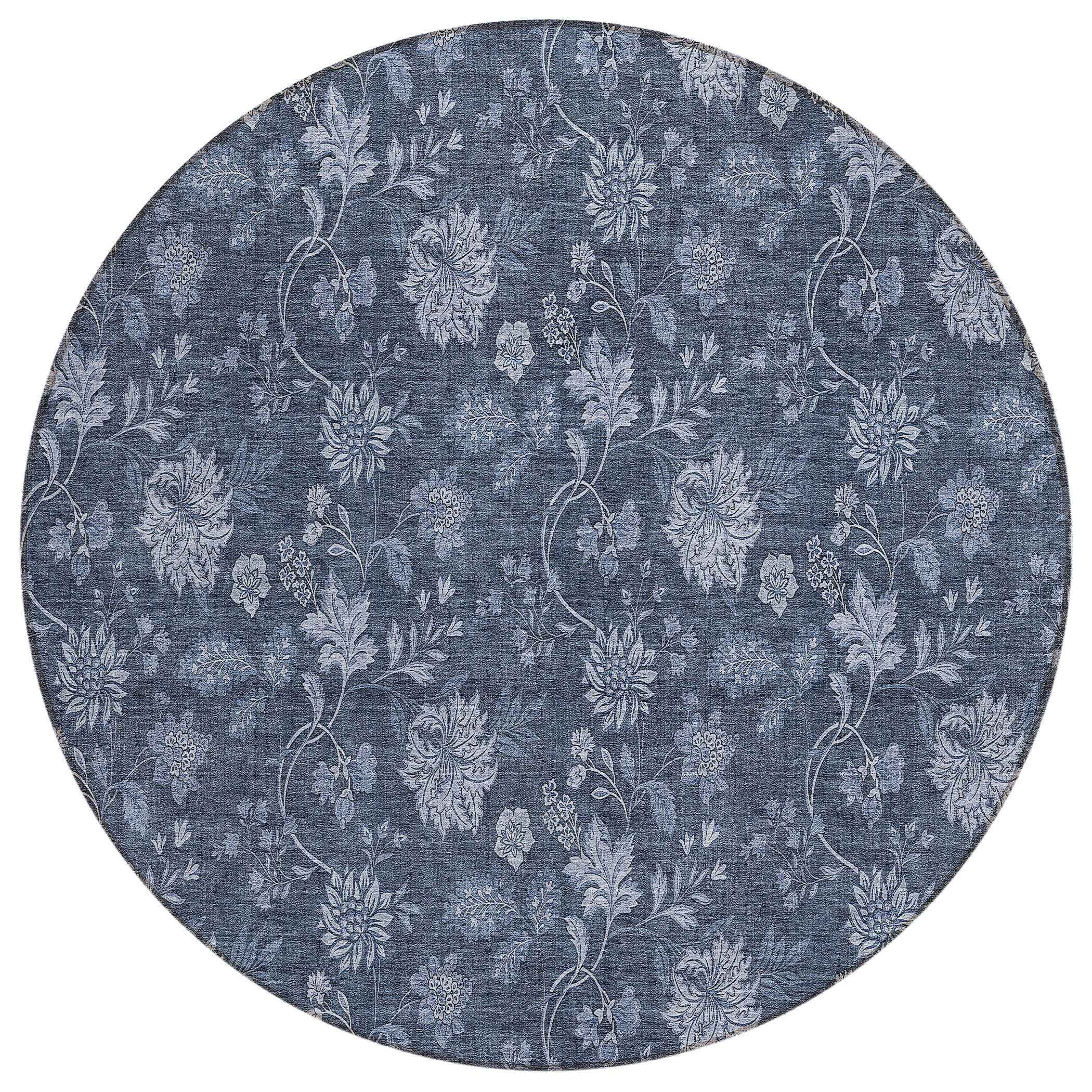 8' Denim Blue And Navy Blue Round Floral Washable Indoor Outdoor Area Rug