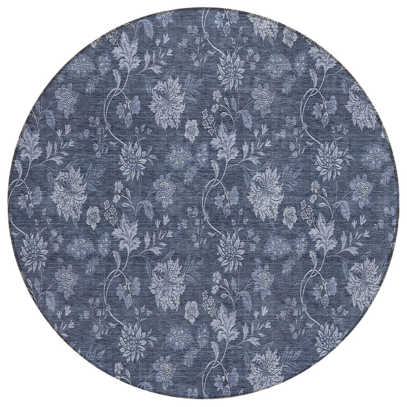 8' Denim Blue And Navy Blue Round Floral Washable Indoor Outdoor Area Rug