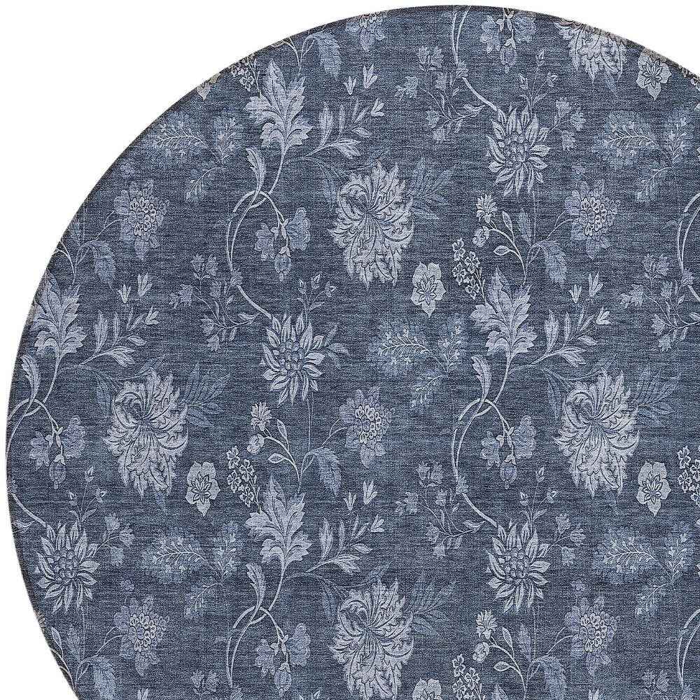8' Denim Blue And Navy Blue Round Floral Washable Indoor Outdoor Area Rug