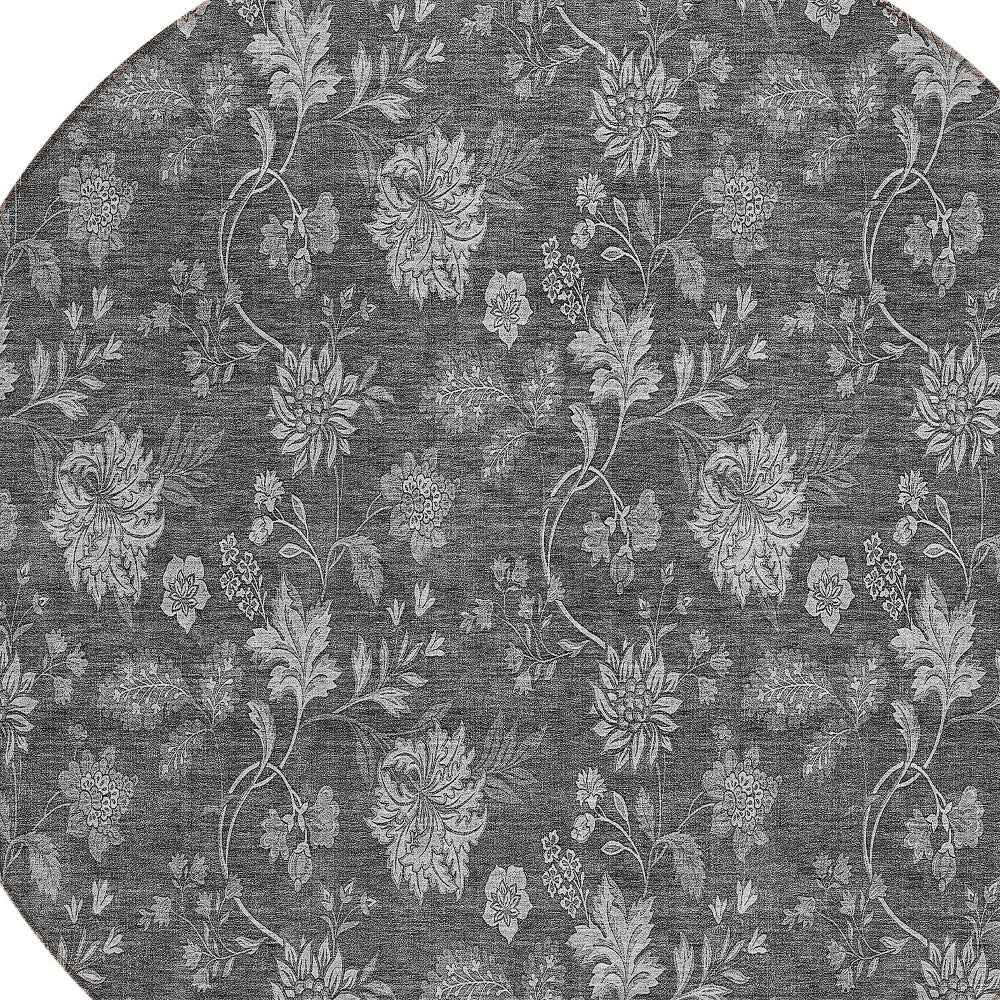 8' Gray Charcoal And Silver Round Floral Washable Indoor Outdoor Area Rug