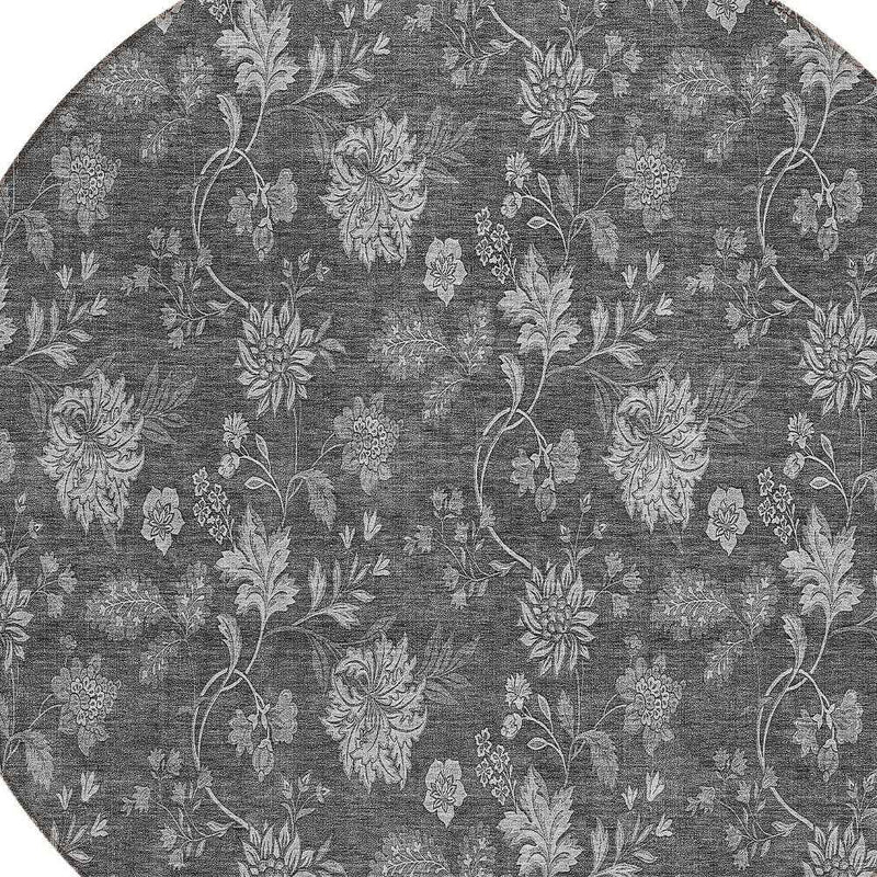 8' Gray Charcoal And Silver Round Floral Washable Indoor Outdoor Area Rug