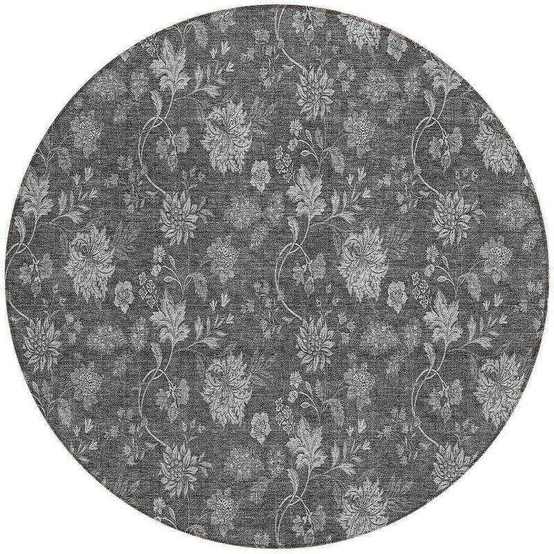 8' Gray Charcoal And Silver Round Floral Washable Indoor Outdoor Area Rug