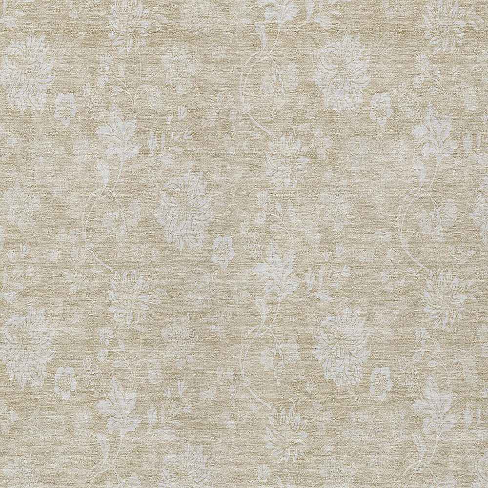3' X 5' Beige Tan And Ivory Floral Washable Indoor Outdoor Area Rug