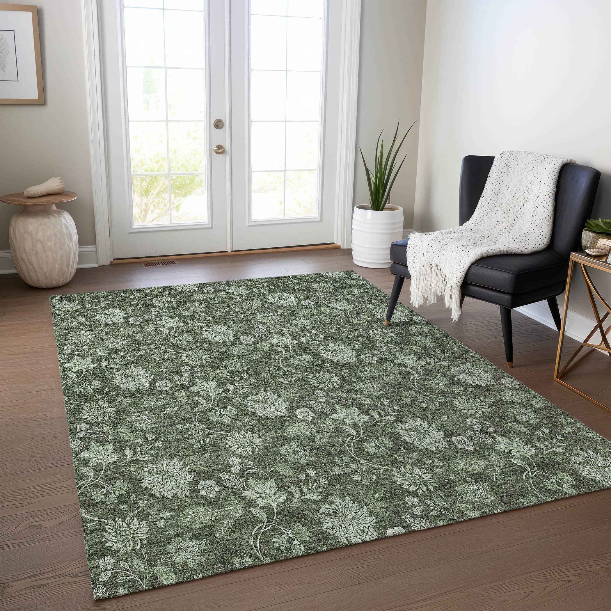 3' X 5' Olive Green And Artichoke Green Floral Washable Indoor Outdoor Area Rug