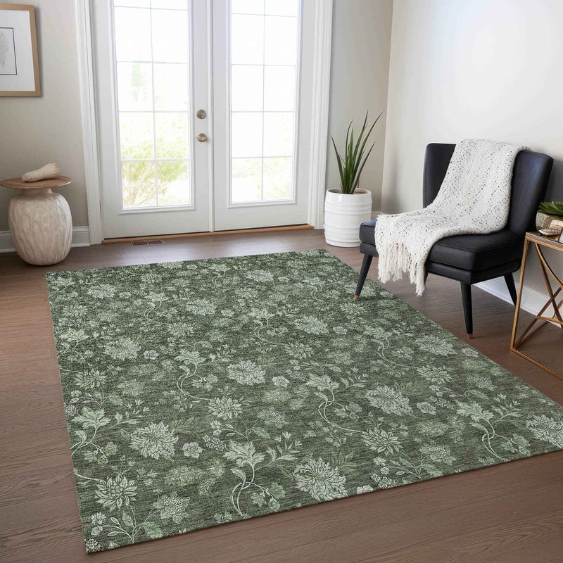 3' X 5' Olive Green And Artichoke Green Floral Washable Indoor Outdoor Area Rug