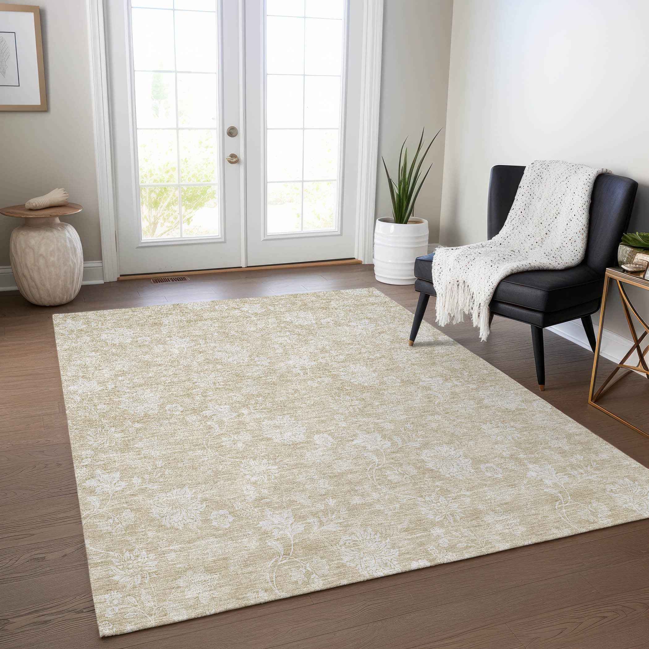 3' X 5' Beige Tan And Ivory Floral Washable Indoor Outdoor Area Rug