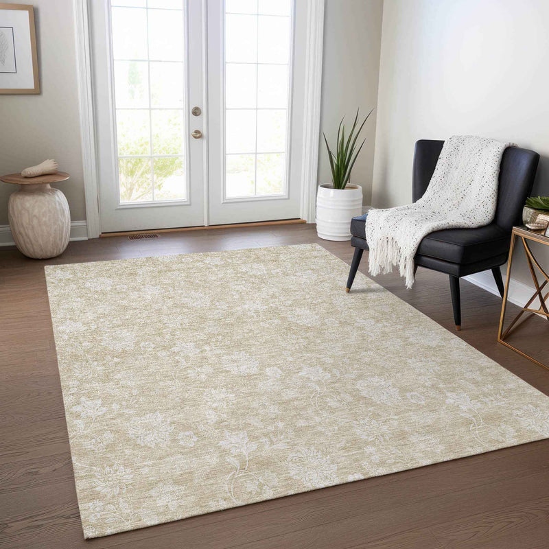 3' X 5' Beige Tan And Ivory Floral Washable Indoor Outdoor Area Rug