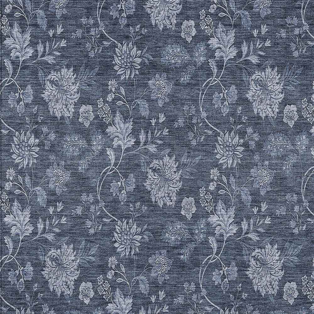 9' X 12' Denim Blue And Navy Blue Floral Washable Indoor Outdoor Area Rug