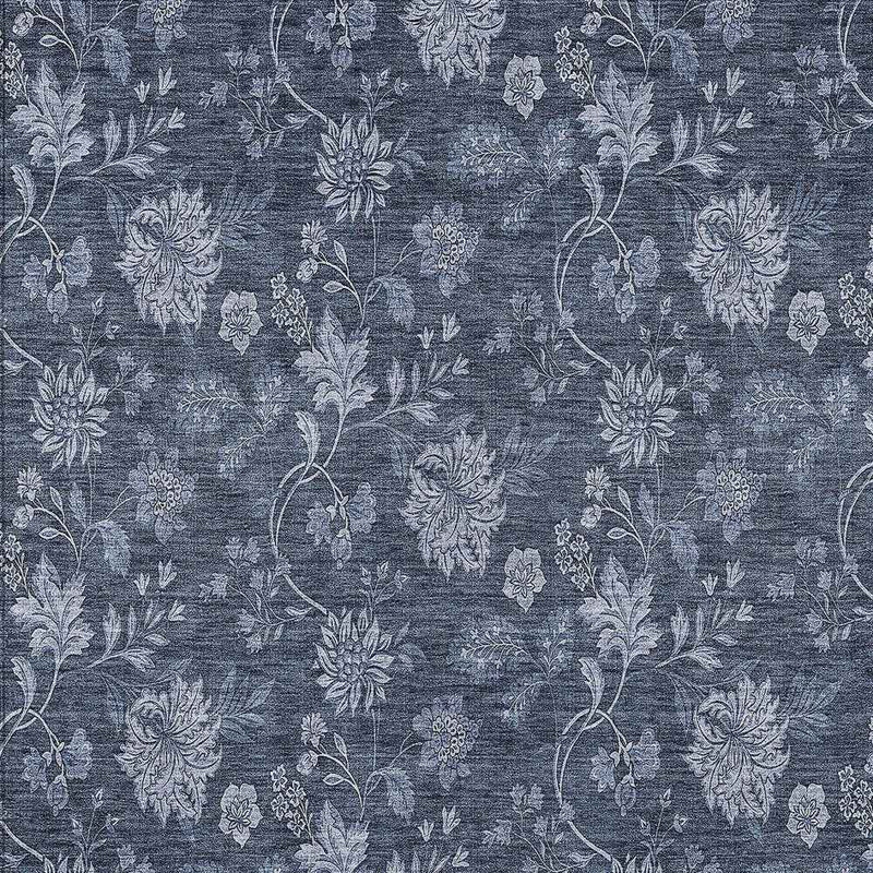 9' X 12' Denim Blue And Navy Blue Floral Washable Indoor Outdoor Area Rug