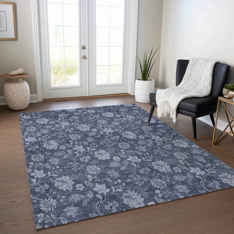 9' X 12' Denim Blue And Navy Blue Floral Washable Indoor Outdoor Area Rug