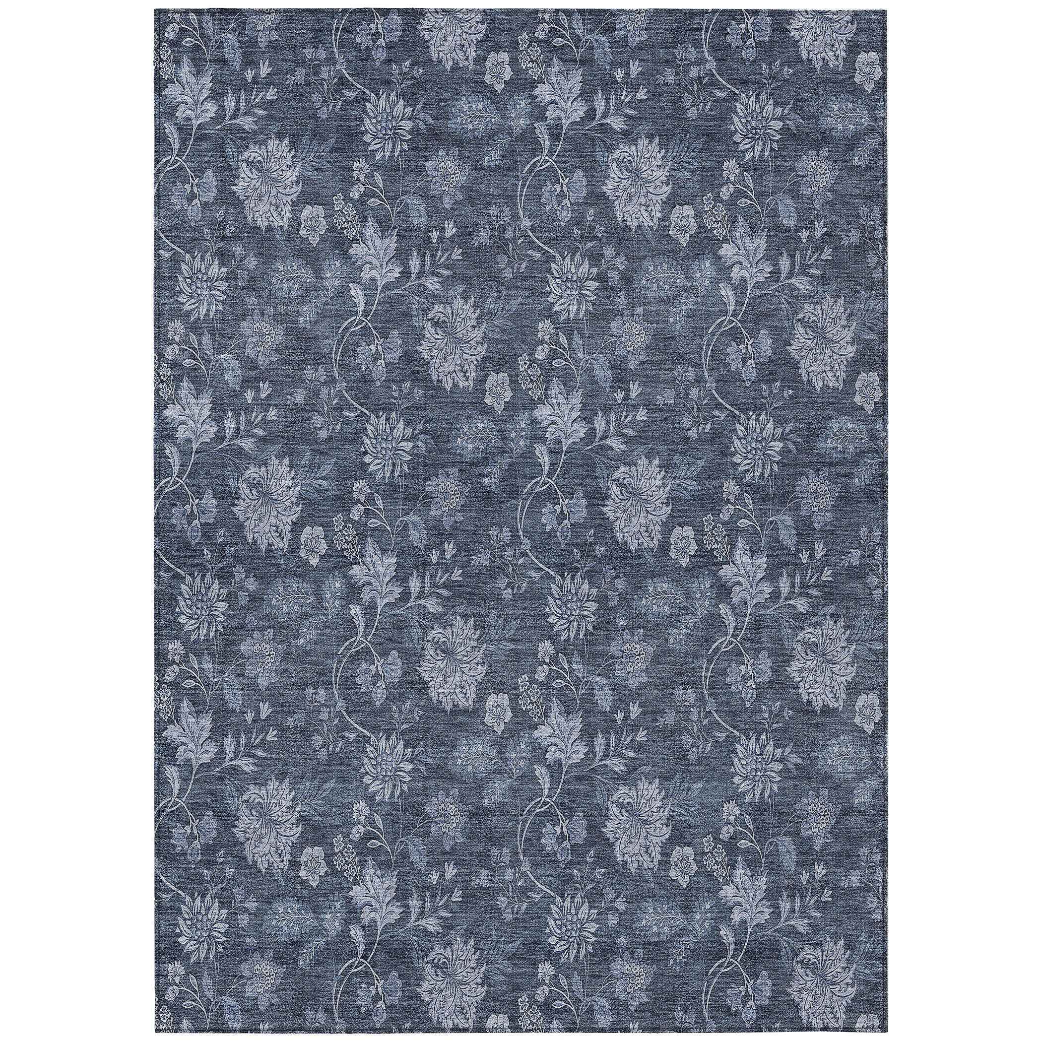 9' X 12' Denim Blue And Navy Blue Floral Washable Indoor Outdoor Area Rug