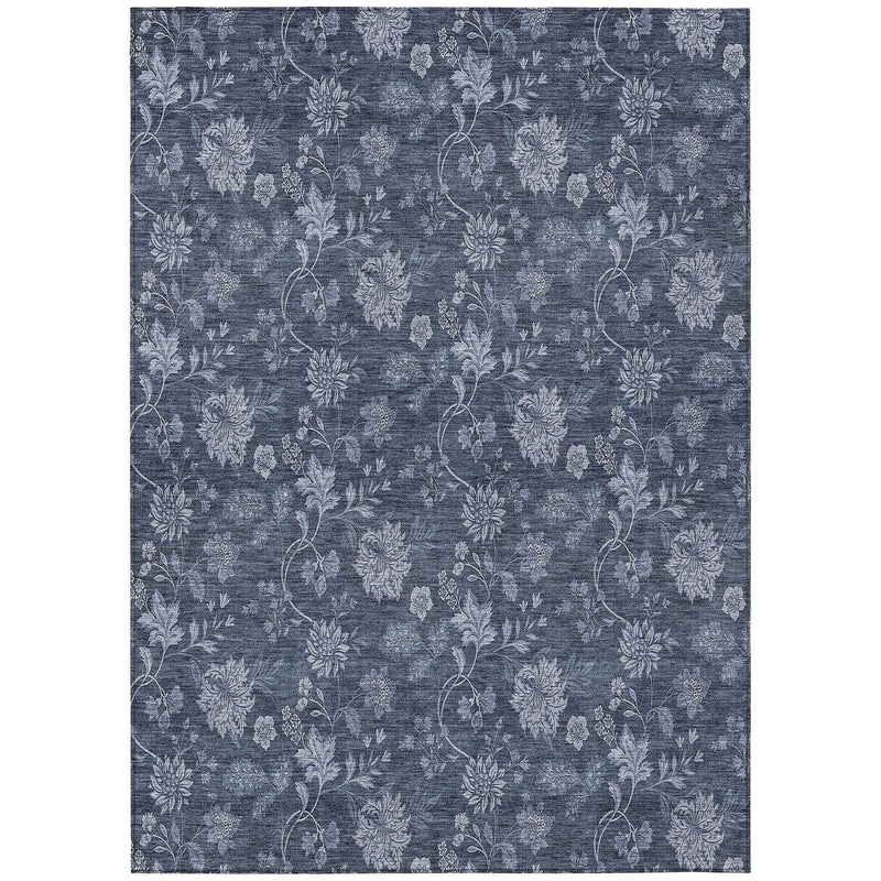 9' X 12' Denim Blue And Navy Blue Floral Washable Indoor Outdoor Area Rug