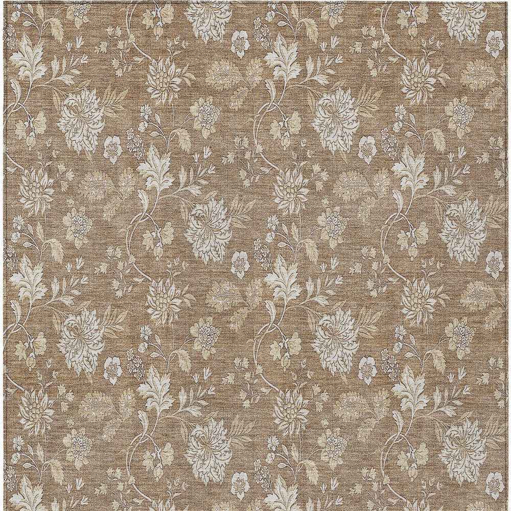 8' X 10' Copper And Beige Floral Washable Indoor Outdoor Area Rug