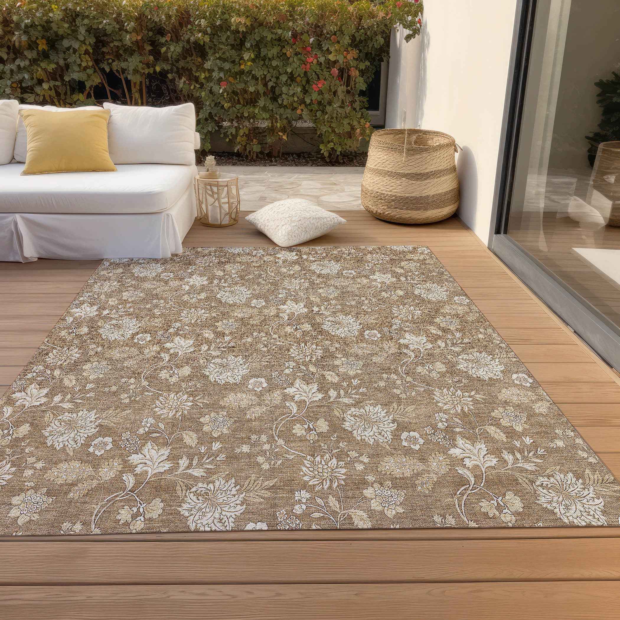 8' X 10' Copper And Beige Floral Washable Indoor Outdoor Area Rug