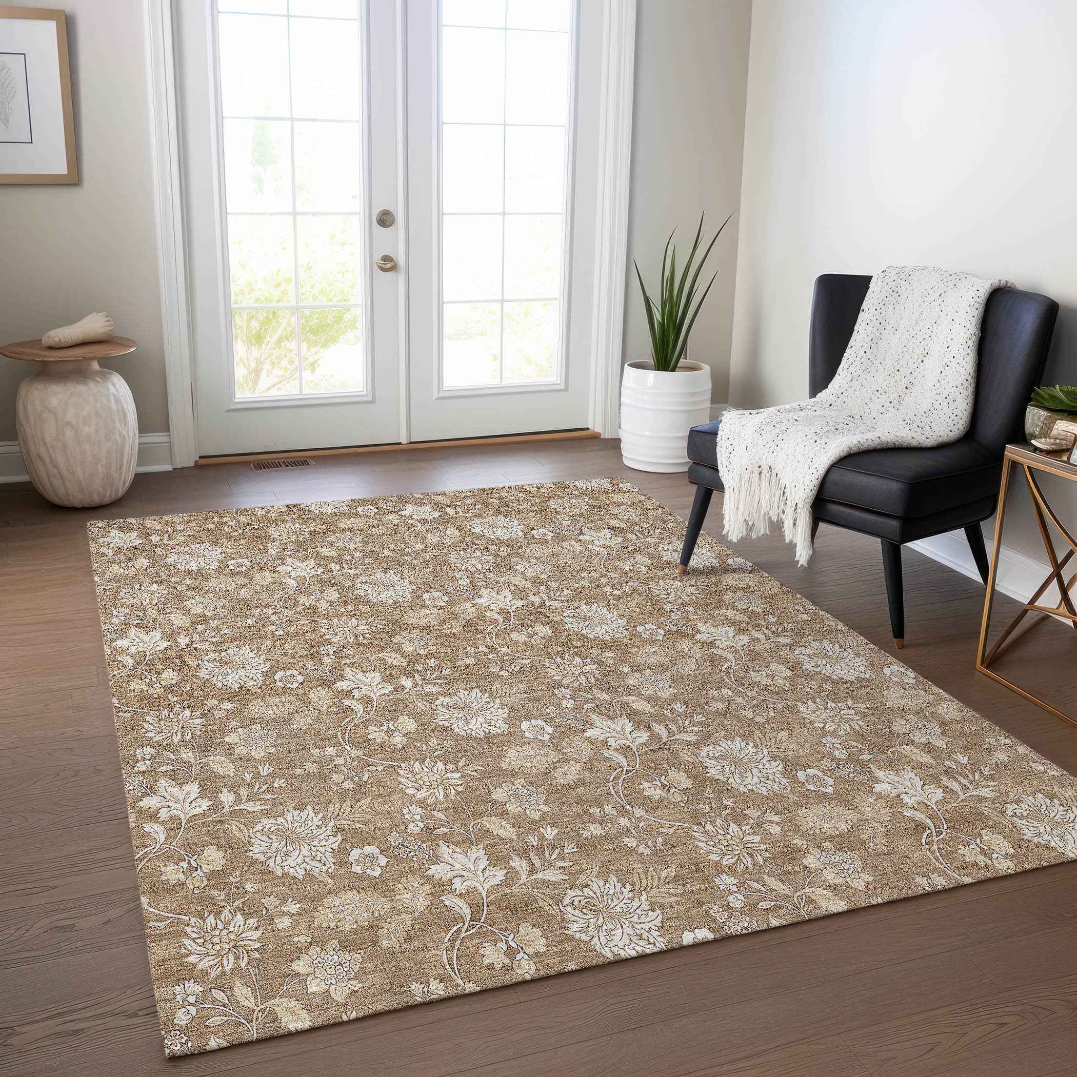 8' X 10' Copper And Beige Floral Washable Indoor Outdoor Area Rug