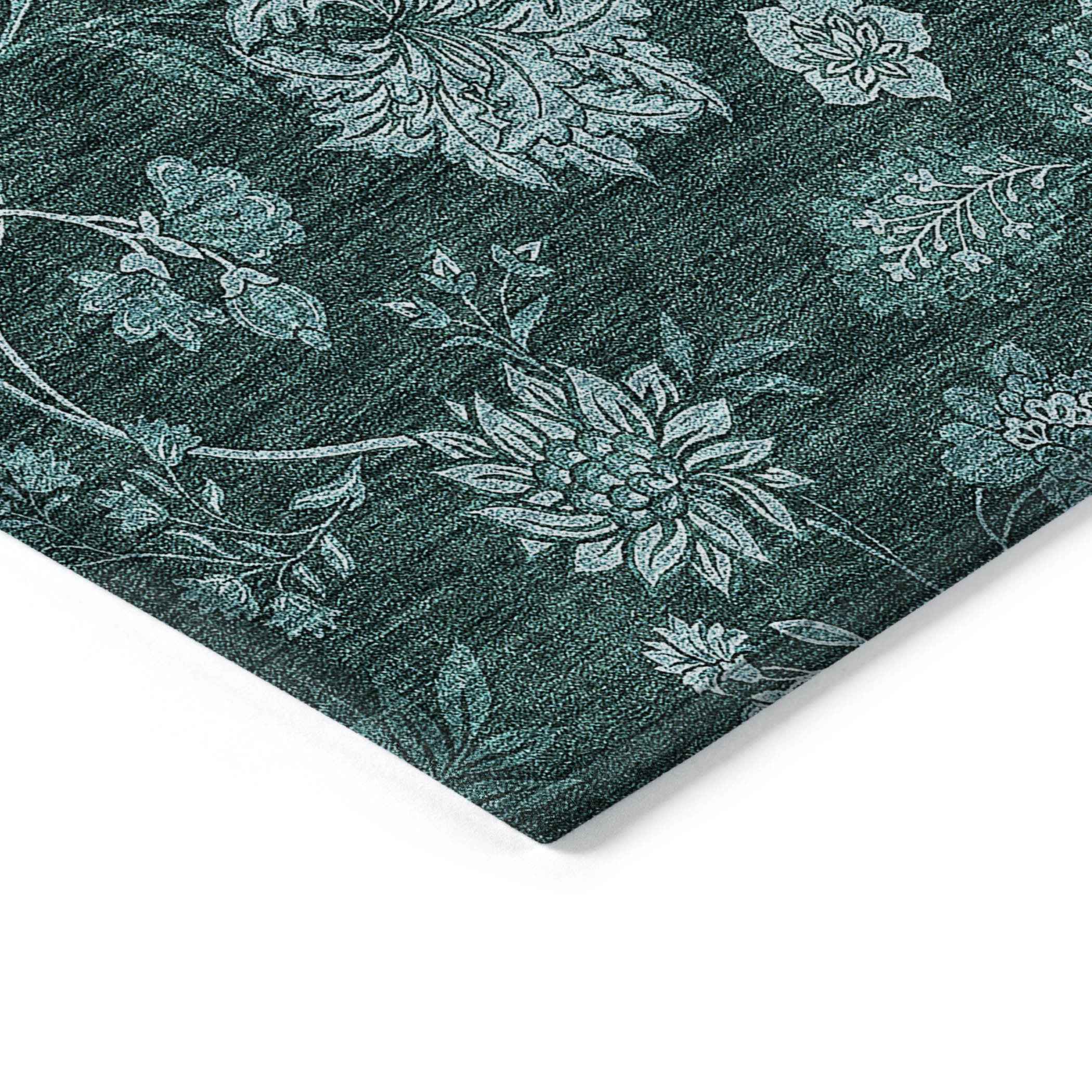 9' X 12' Teal Blue And Aqua Floral Washable Indoor Outdoor Area Rug