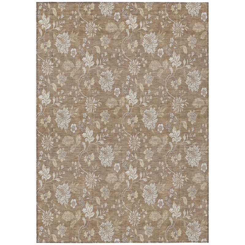 5' X 8' Copper And Beige Floral Washable Indoor Outdoor Area Rug