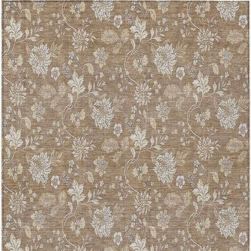 5' X 8' Copper And Beige Floral Washable Indoor Outdoor Area Rug