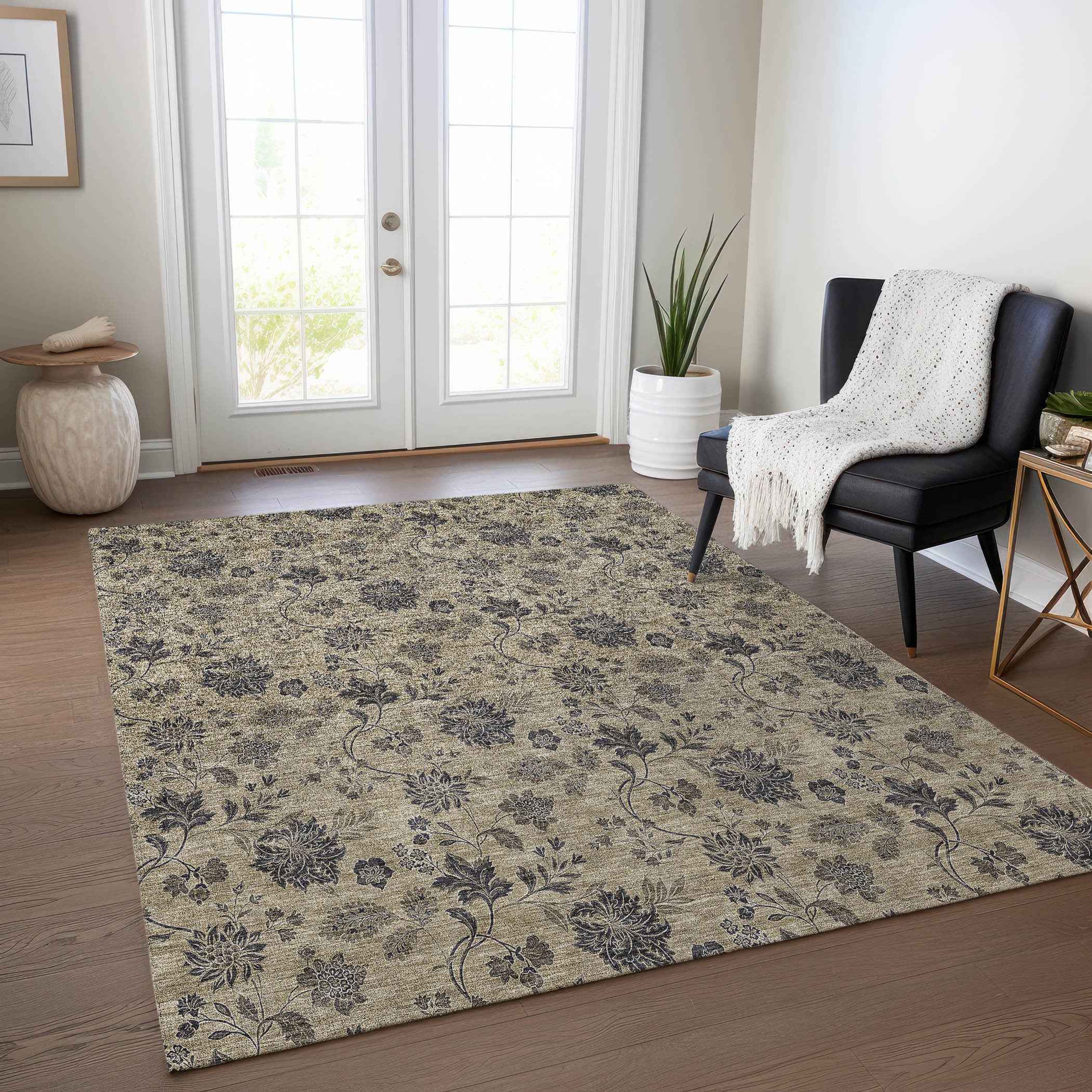 9' X 12' Brown Beige And Chocolate Floral Washable Indoor Outdoor Area Rug