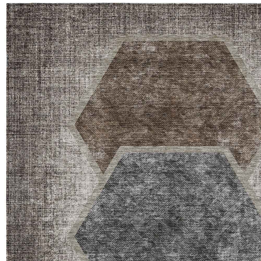 5' X 8' Chocolate And Taupe Geometric Washable Indoor Outdoor Area Rug