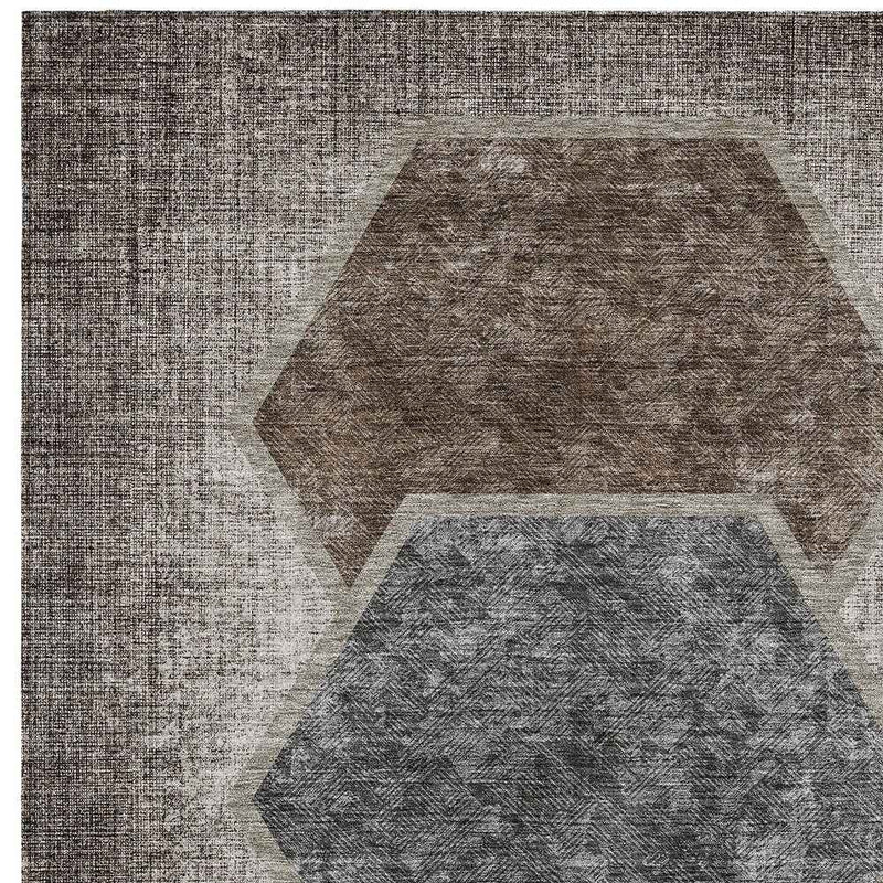 5' X 8' Chocolate And Taupe Geometric Washable Indoor Outdoor Area Rug