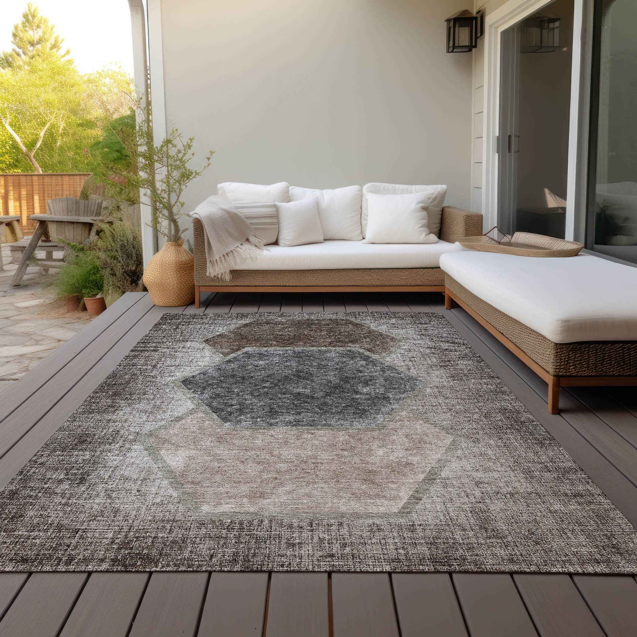 5' X 8' Chocolate And Taupe Geometric Washable Indoor Outdoor Area Rug