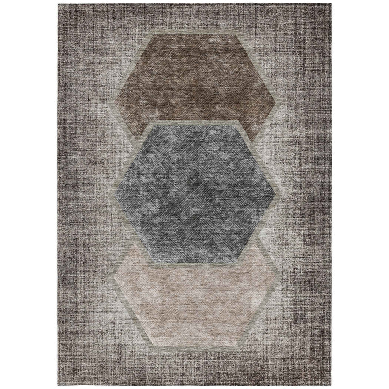 5' X 8' Chocolate And Taupe Geometric Washable Indoor Outdoor Area Rug