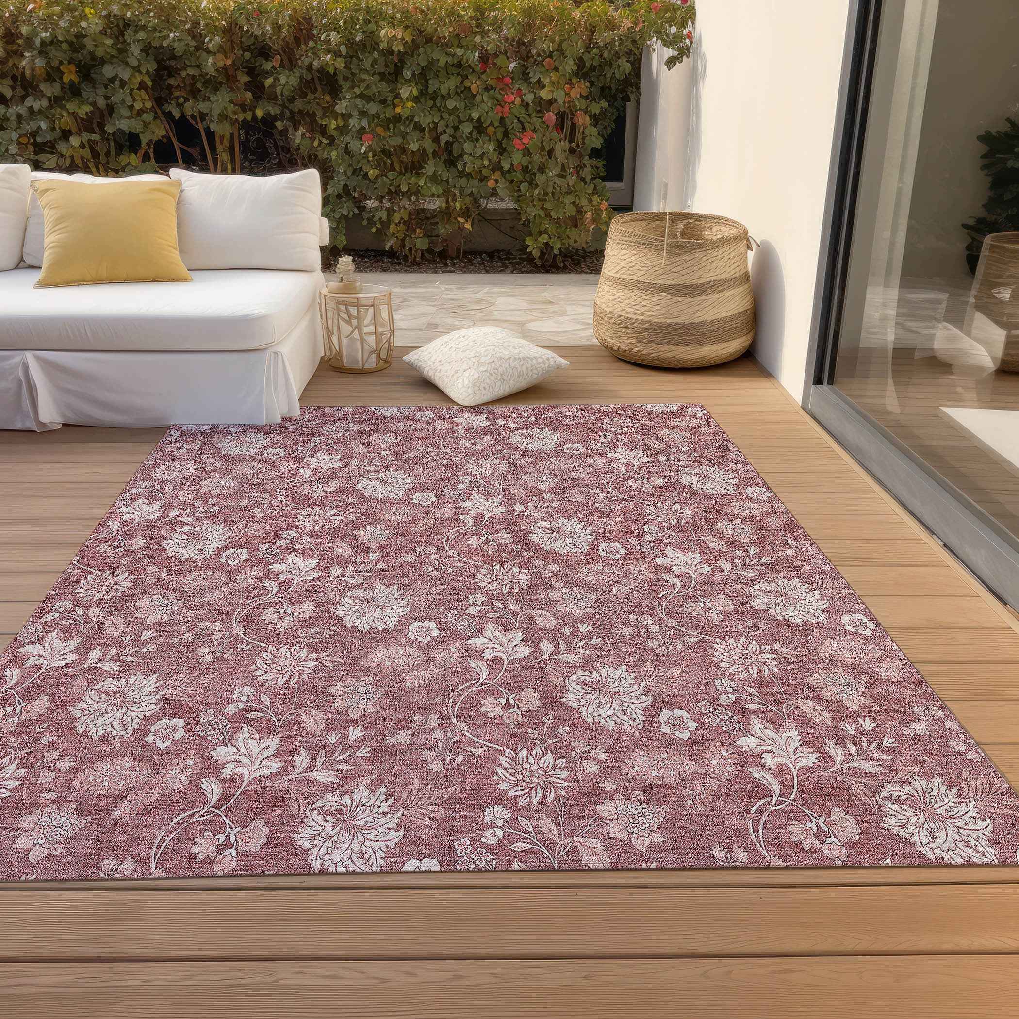5' X 8' Blush Pink And Mauve Floral Washable Indoor Outdoor Area Rug