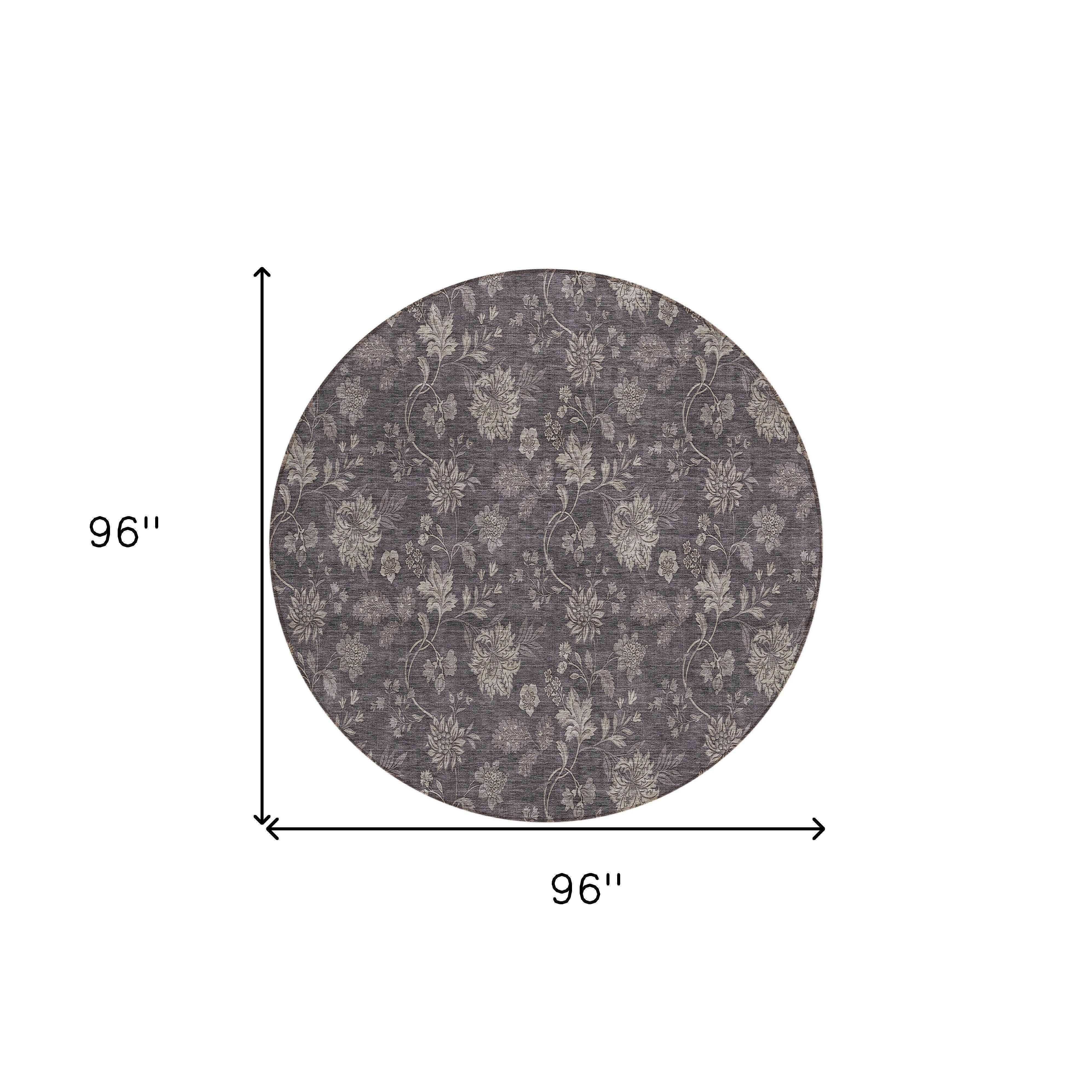 8' Taupe And Beige Round Floral Washable Indoor Outdoor Area Rug