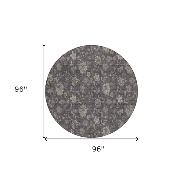 8' Taupe And Beige Round Floral Washable Indoor Outdoor Area Rug