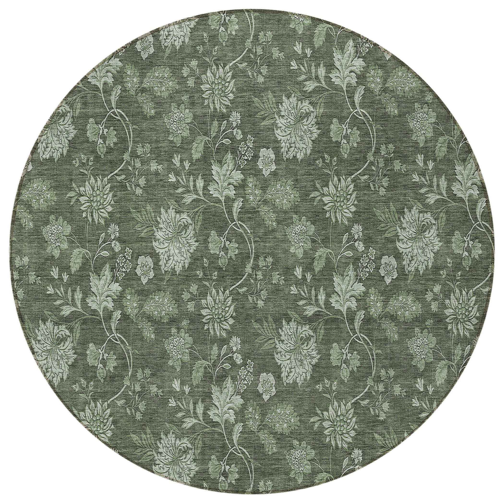 8' Olive Green And Artichoke Green Round Floral Washable Indoor Outdoor Area Rug