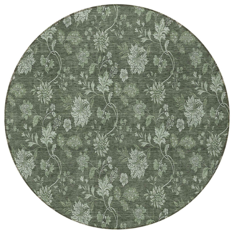 8' Olive Green And Artichoke Green Round Floral Washable Indoor Outdoor Area Rug