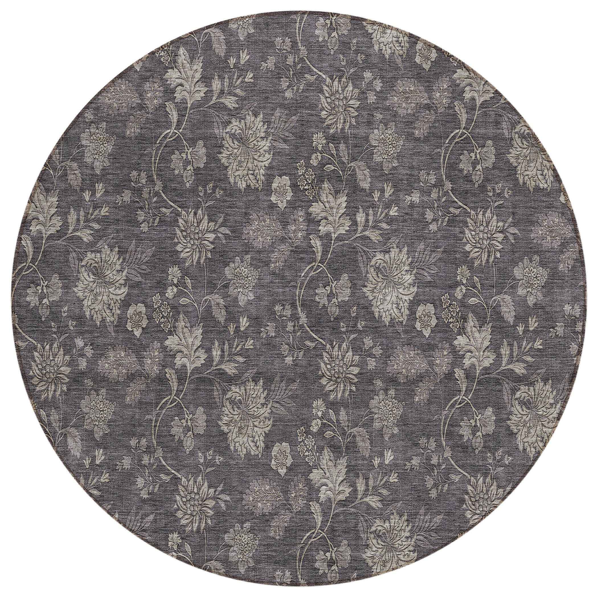 8' Taupe And Beige Round Floral Washable Indoor Outdoor Area Rug