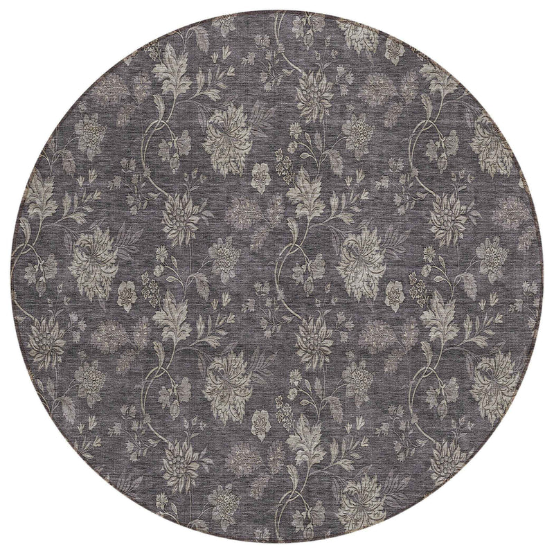 8' Taupe And Beige Round Floral Washable Indoor Outdoor Area Rug
