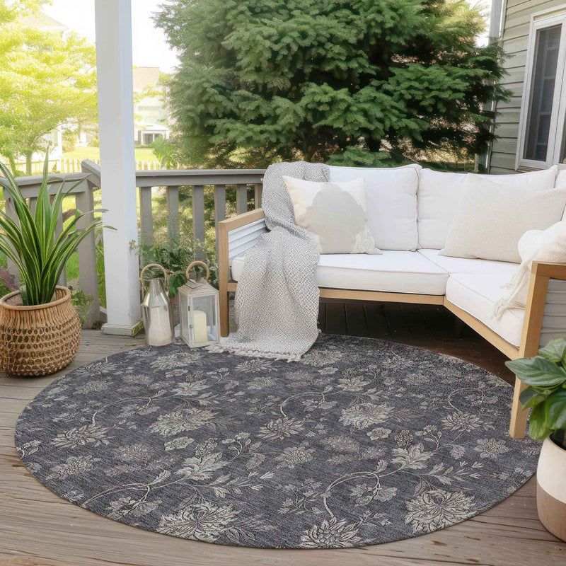8' Taupe And Beige Round Floral Washable Indoor Outdoor Area Rug
