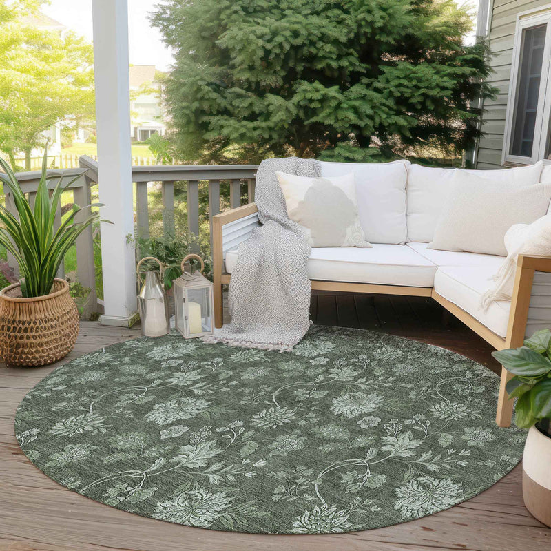 8' Olive Green And Artichoke Green Round Floral Washable Indoor Outdoor Area Rug