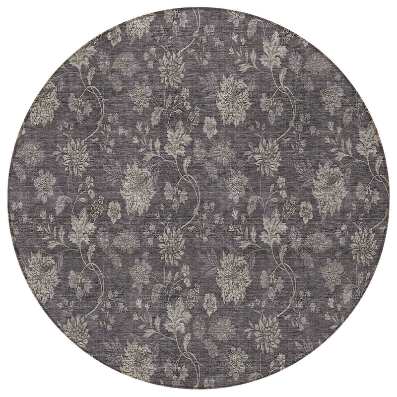 8' Taupe And Beige Round Floral Washable Indoor Outdoor Area Rug