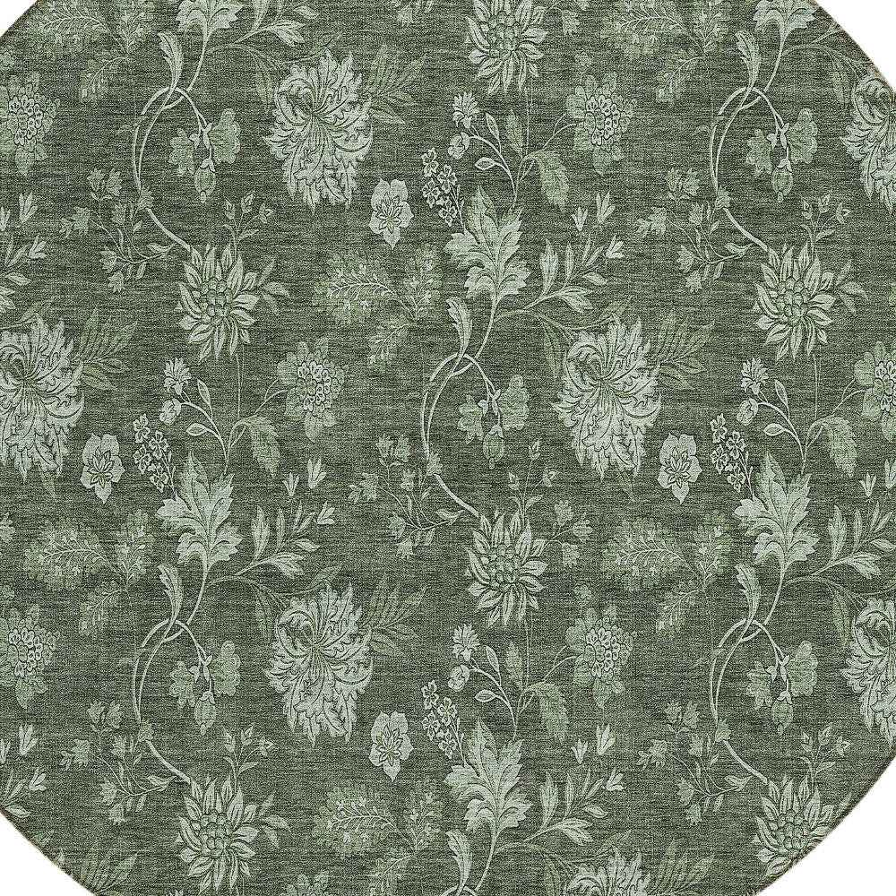 8' Olive Green And Artichoke Green Round Floral Washable Indoor Outdoor Area Rug