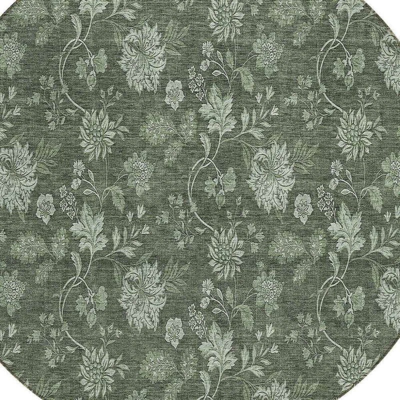 8' Olive Green And Artichoke Green Round Floral Washable Indoor Outdoor Area Rug