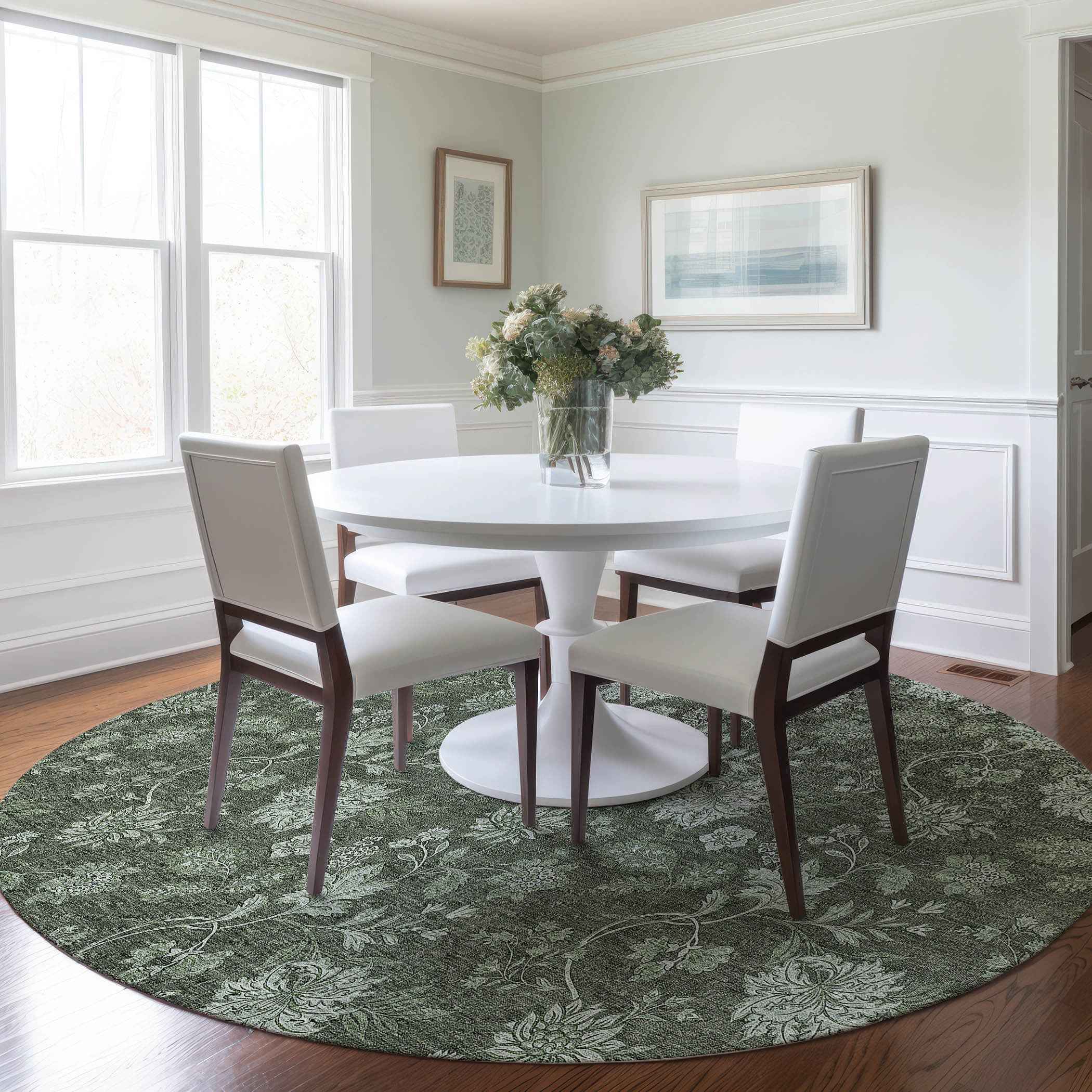 8' Olive Green And Artichoke Green Round Floral Washable Indoor Outdoor Area Rug