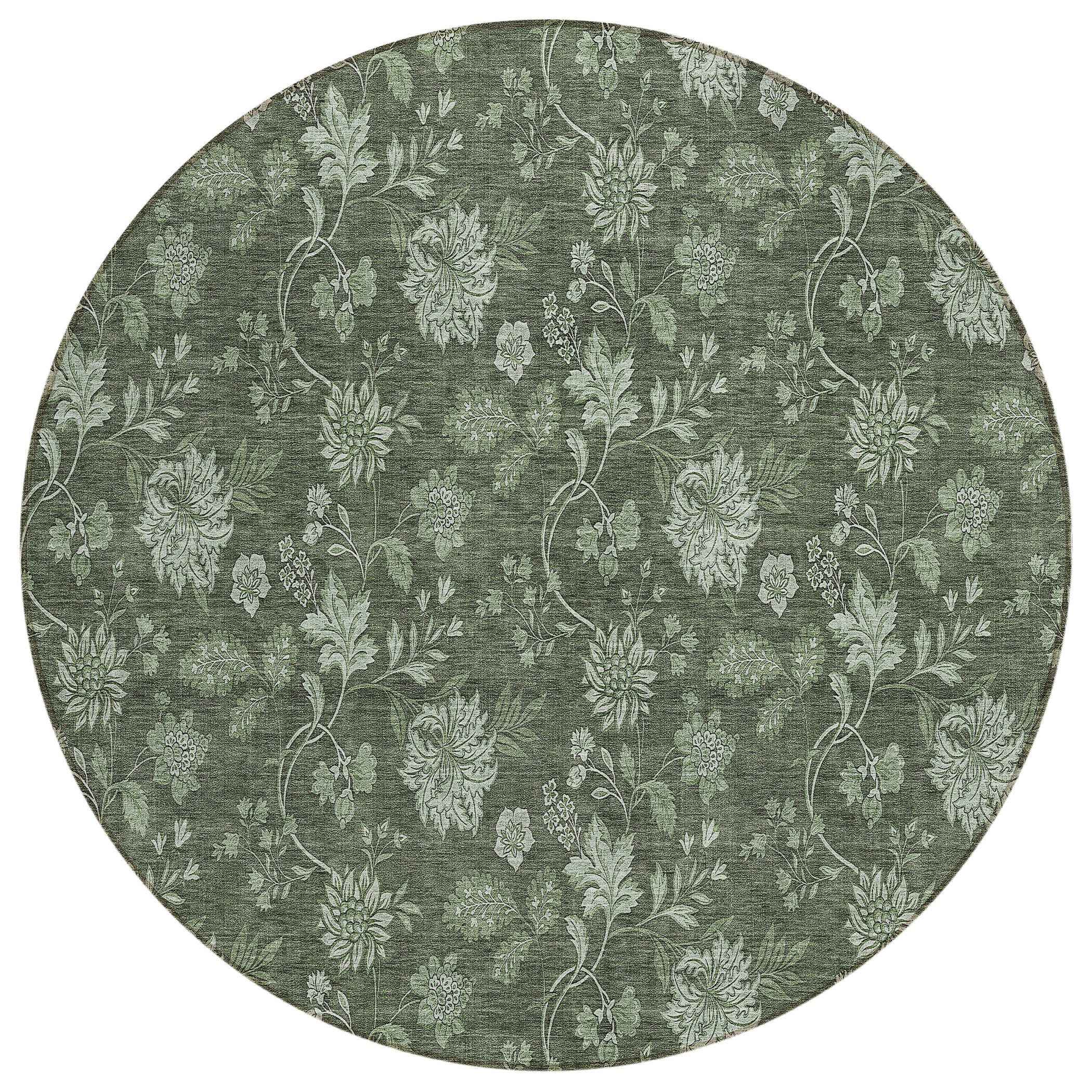 8' Olive Green And Artichoke Green Round Floral Washable Indoor Outdoor Area Rug