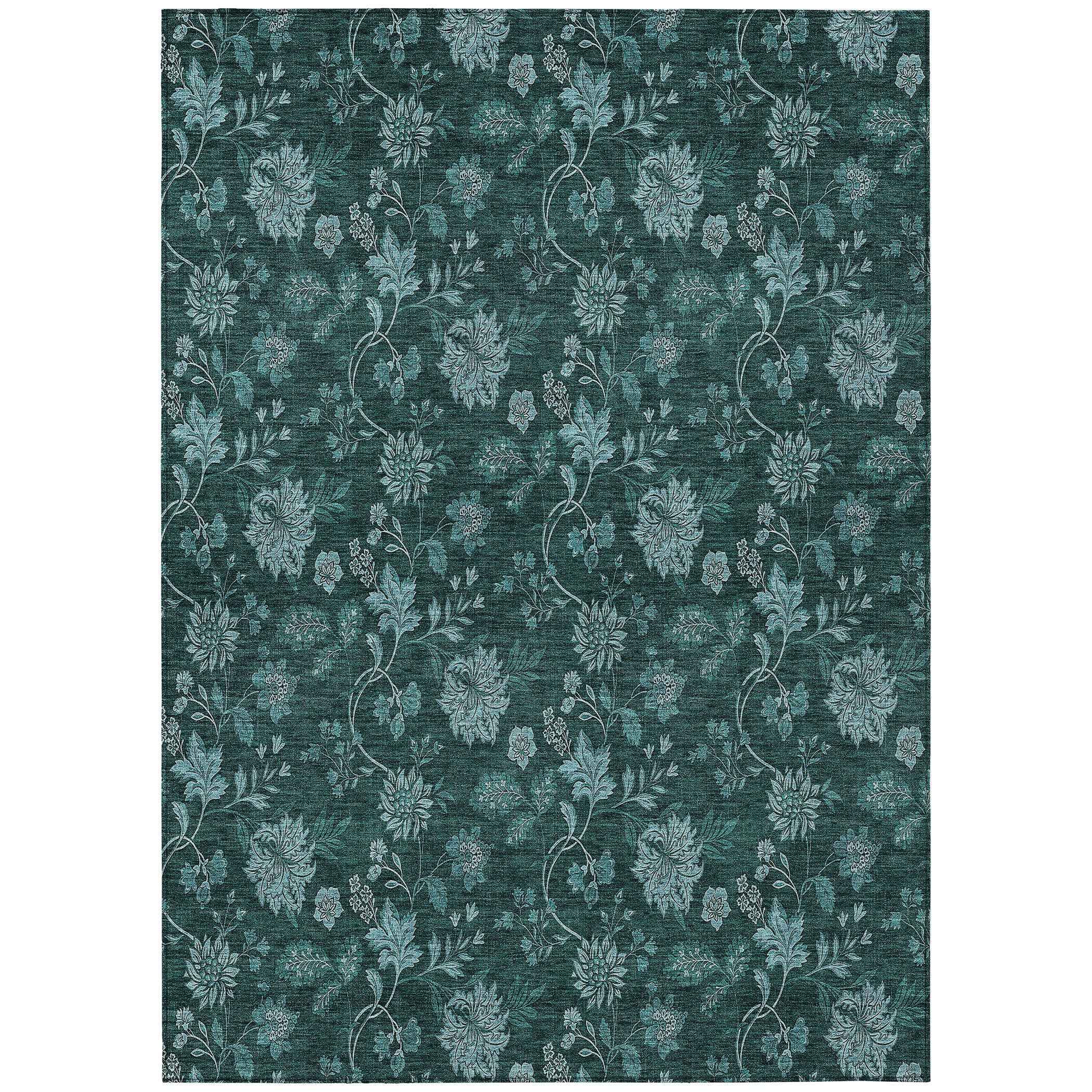 3' X 5' Teal Blue And Aqua Floral Washable Indoor Outdoor Area Rug