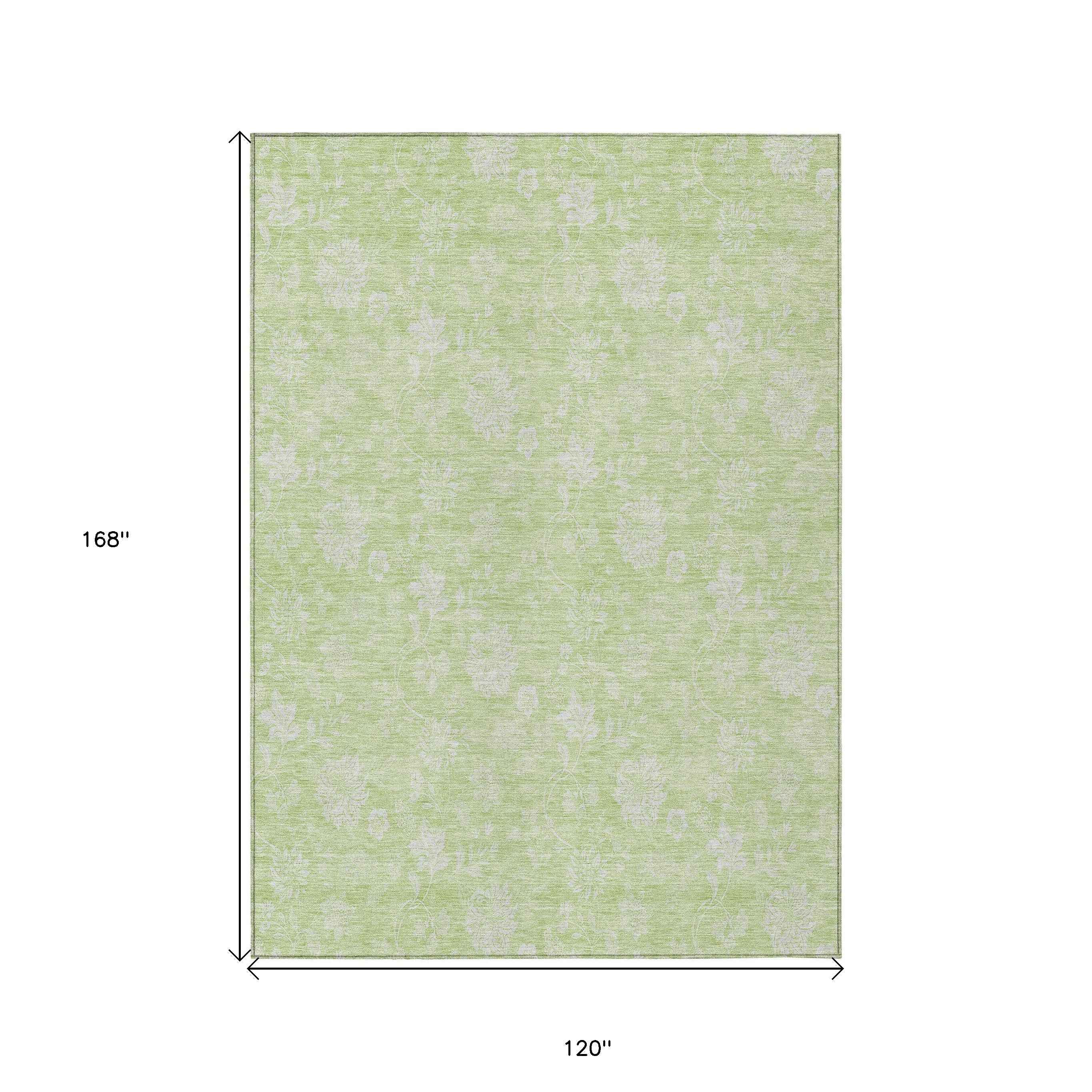10' X 14' Artichoke Green Mint Green And Ivory Floral Washable Indoor Outdoor Area Rug
