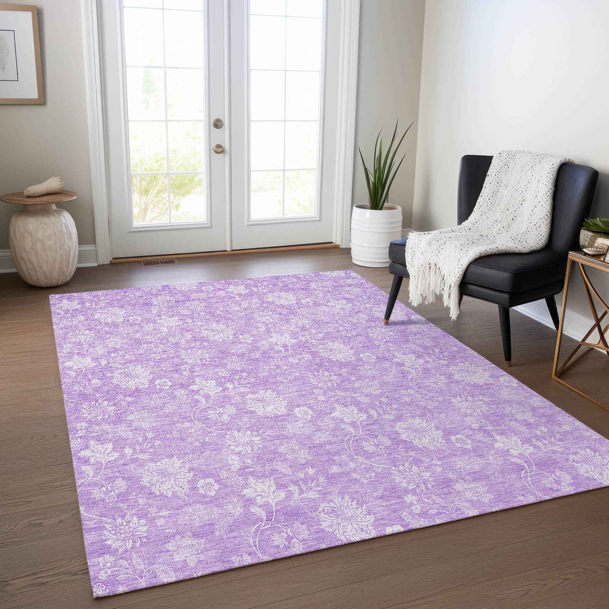 5' X 8' Lavender And Lilac Floral Washable Indoor Outdoor Area Rug