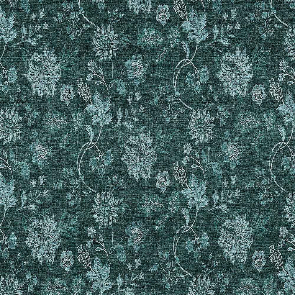 3' X 5' Teal Blue And Aqua Floral Washable Indoor Outdoor Area Rug